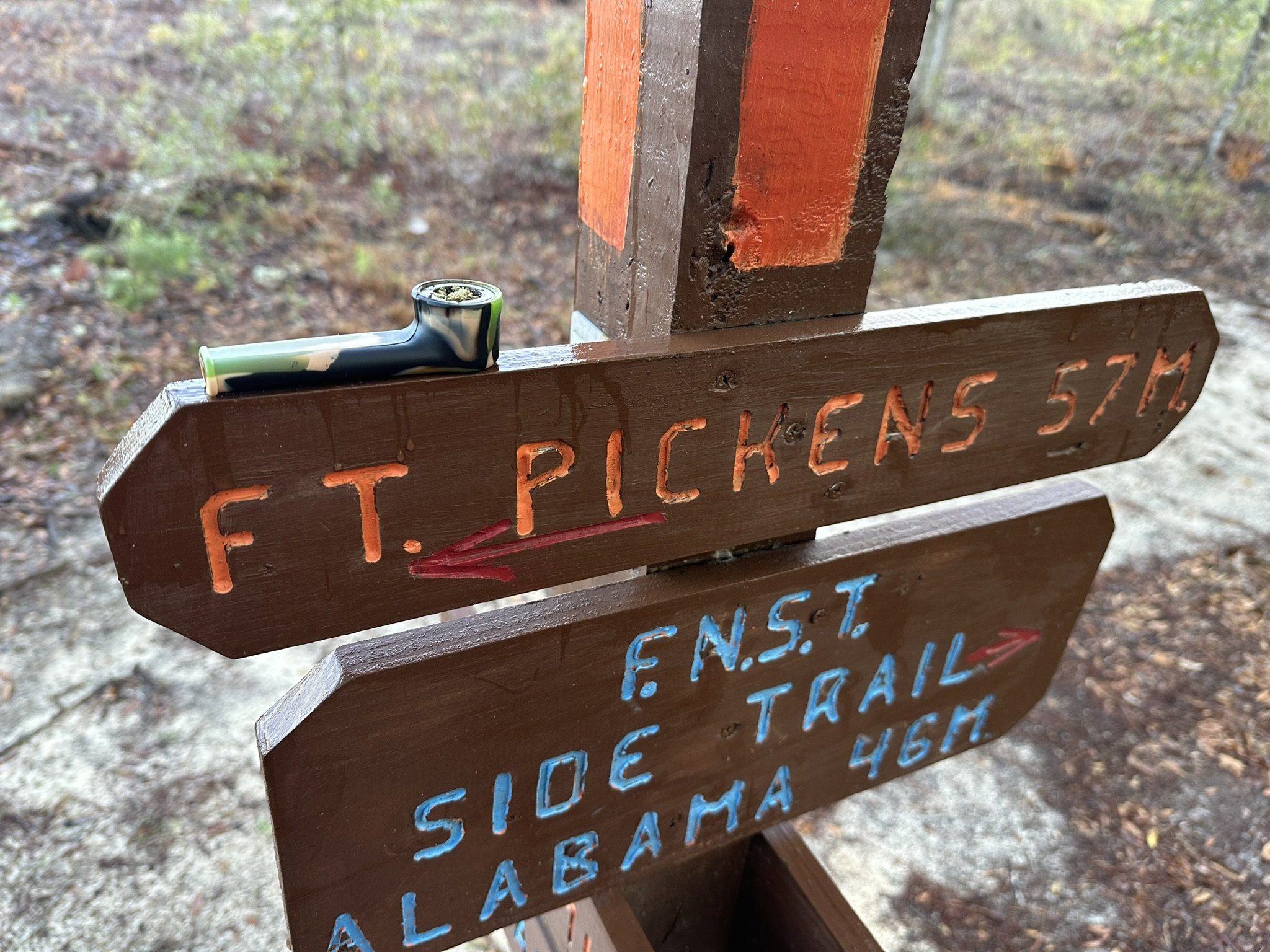 Wooden directional sign beside a sandy path