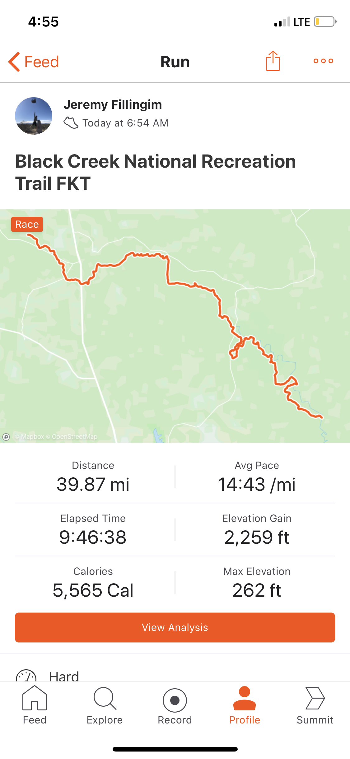 Strava verification activity log for Black Creek FKT run
