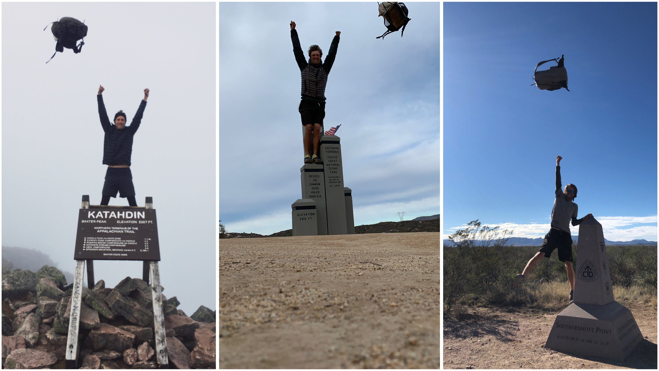 Three moments of Jeremy throwing his backpack at the Appalachian, Pacific Crest, and Continental Divide trail termini