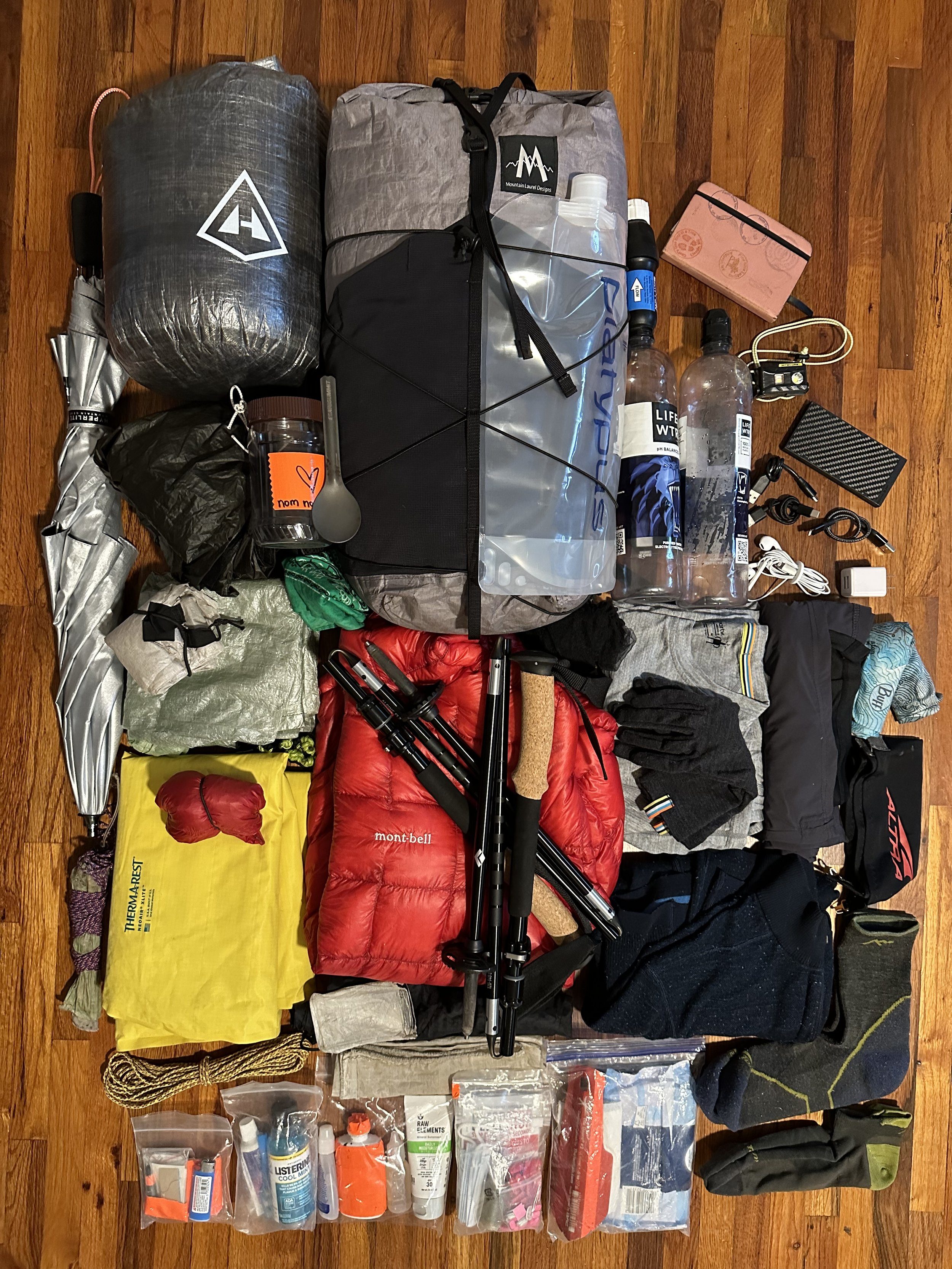 Ultralight backpacking gear on trail